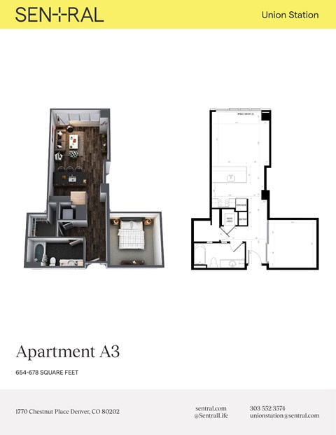 Floor plan for 1 bed, 1 bath, 678 sqft