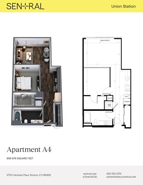 Floor plan for 1 bed, 1 bath, 676 sqft