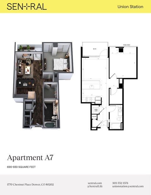 Floor plan for 1 bed, 1 bath, 730 sqft