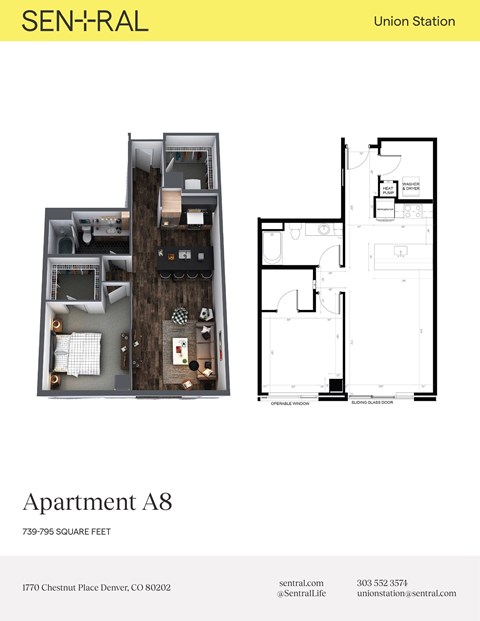 Floor plan for 1 bed, 1 bath, 757 sqft