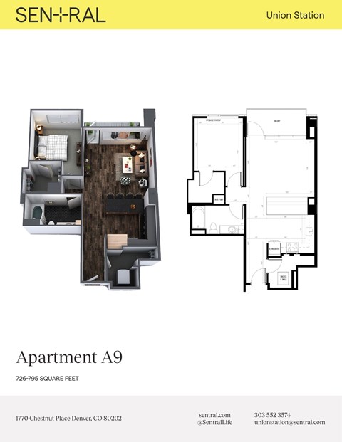 Floor plan for 1 bed, 1 bath, 795 sqft