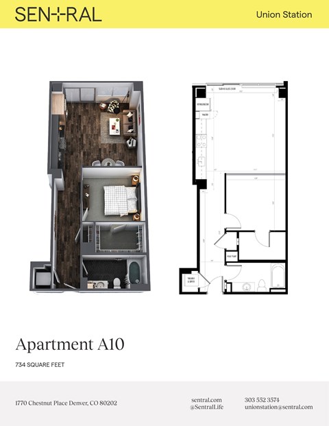 Floor plan for 1 bed, 1 bath, 734 sqft