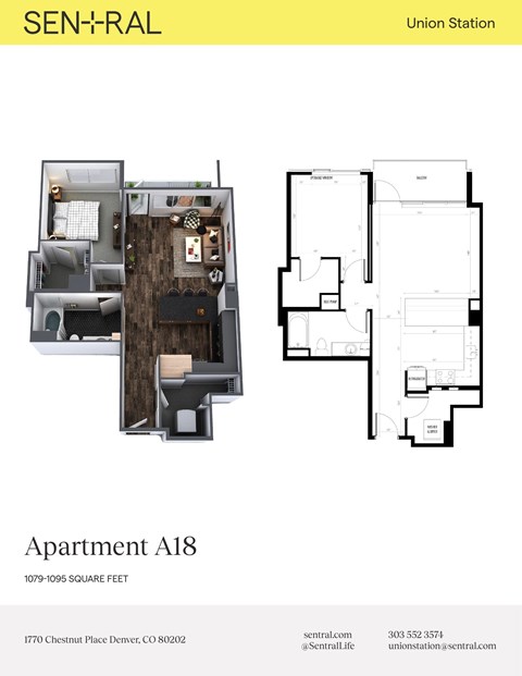 Floor plan for 1 bed, 1 bath, 1079 sqft