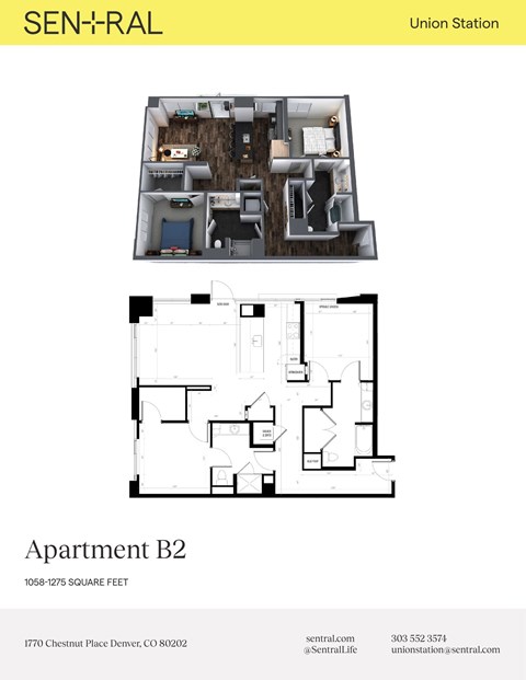 Floor plan for 2 beds, 2 baths, 1275 sqft