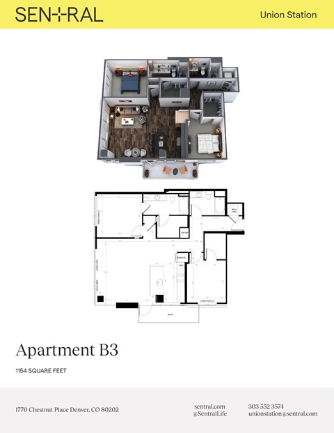 Floor plan for 2 beds, 2 baths, 1154 sqft