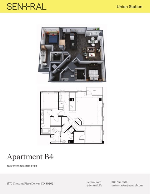 Floor plan for 2 beds, 2 baths, 1267 sqft