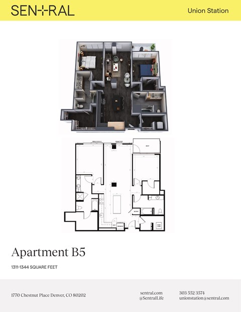 Floor plan for 2 beds, 2 baths, 1311 sqft