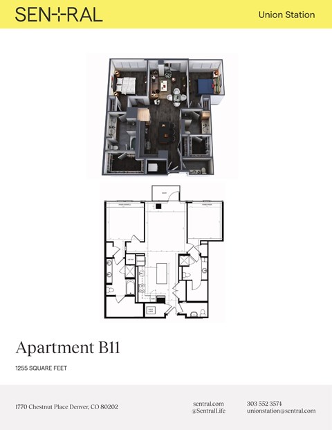 Floor plan for 2 beds, 2 baths, 1255 sqft