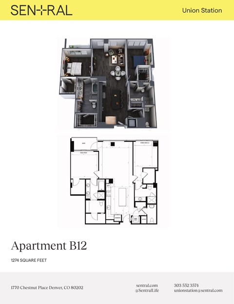 Floor plan for 2 beds, 2 baths, 1274 sqft