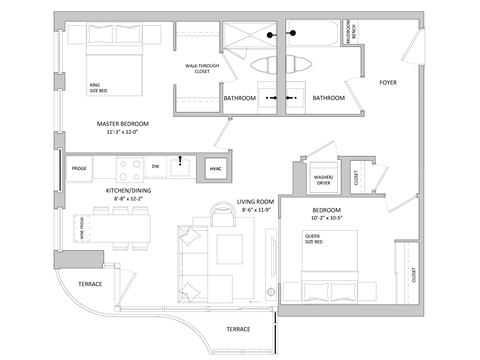 Floor plan for 2 beds, 2 baths, 858 sqft