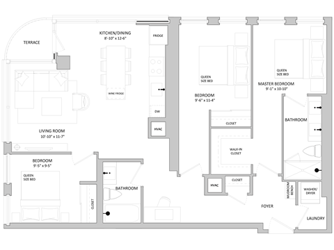 Floor plan for 3 beds, 2 baths, 1103 sqft