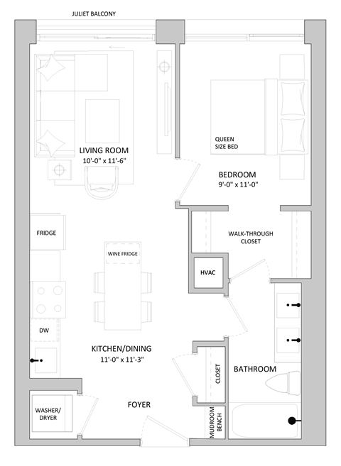 Floor plan for 1 bed, 1 bath, 559 sqft