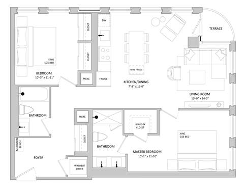 Floor plan for 2 beds, 2 baths, 954 sqft