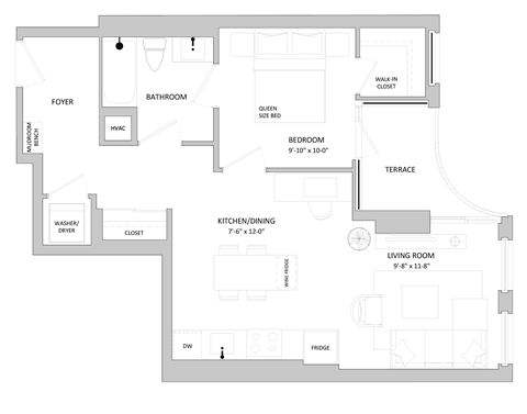 Floor plan for 1 bed, 1 bath, 655 sqft