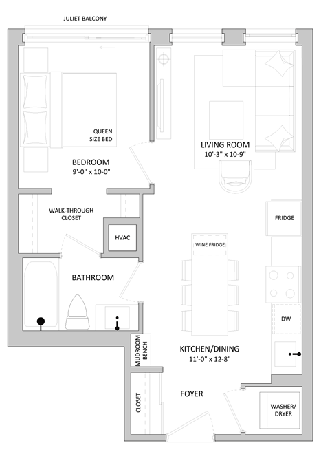 Floor plan for 1 bed, 1 bath, 509 sqft