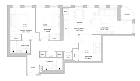 Floor plan for 3 beds, 2 baths, 1024 sqft