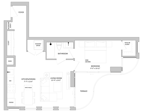 Floor plan for 1 bed, 1 bath, 662 sqft