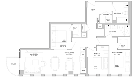 Floor plan for 3 beds, 2 baths, 1157 sqft