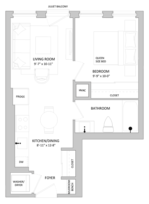 Floor plan for 1 bed, 1 bath, 485 sqft