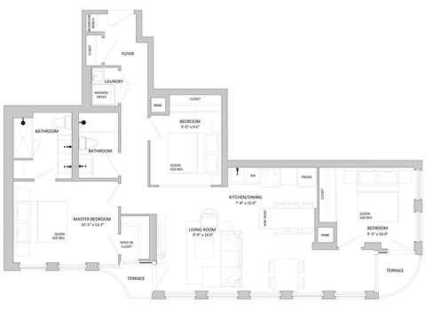 Floor plan for 3 beds, 2 baths, 1065 sqft
