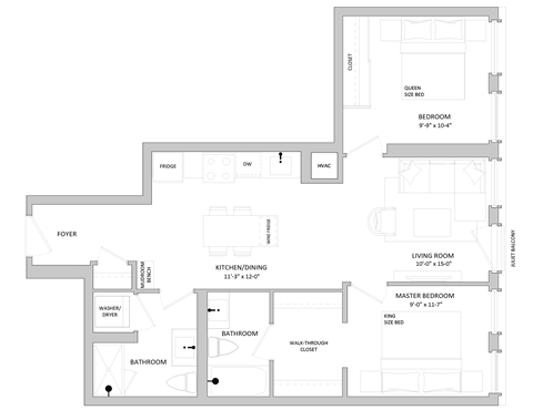 Floor plan for 2 beds, 2 baths, 797 sqft