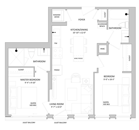 Floor plan for 2 beds, 2 baths, 705 sqft