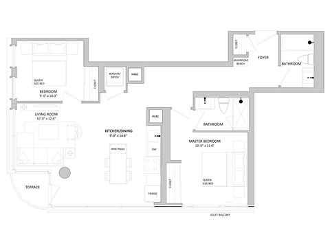 Floor plan for 2 beds, 2 baths, 892 sqft