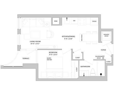 Floor plan for 1 bed, 1 bath, 503 sqft