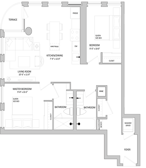 Floor plan for 2 beds, 2 baths, 844 sqft