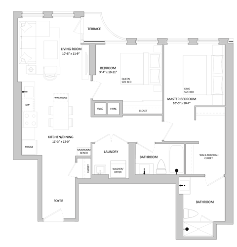 Floor plan for 2 beds, 2 baths, 974 sqft