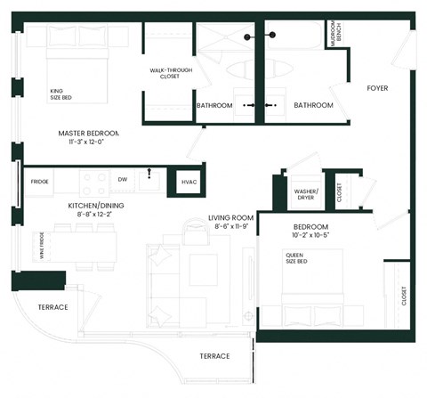 Floor plan for 2 beds, 2 baths, 858 sqft