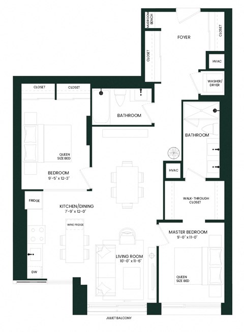 Floor plan for 2 beds, 2 baths, 1002 sqft