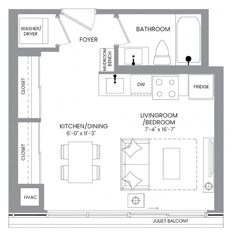Floor plan for studio, 1 bath, 397 sqft
