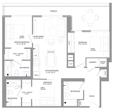 Floor plan for 3 beds, 3 baths, 1104 sqft