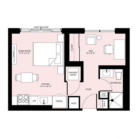 Floor plan for studio, 1 bath, 543 sqft