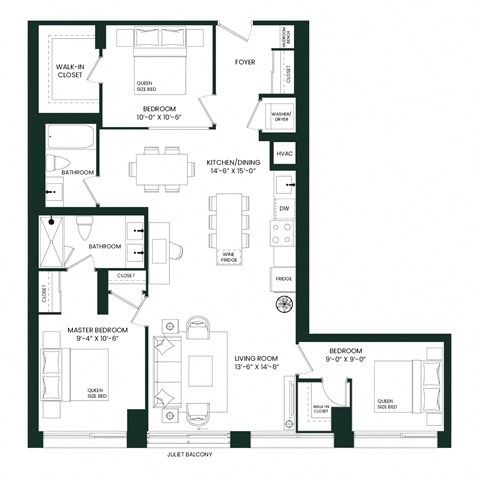 Floor plan for 3 beds, 2 baths, 1225 sqft