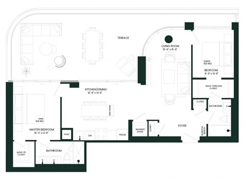 Floor plan for 2 beds, 2 baths, 993 sqft