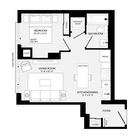 Floor plan for 1 bed, 1 bath, 509 sqft