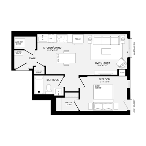 Floor plan for 1 bed, 1 bath, 568 sqft