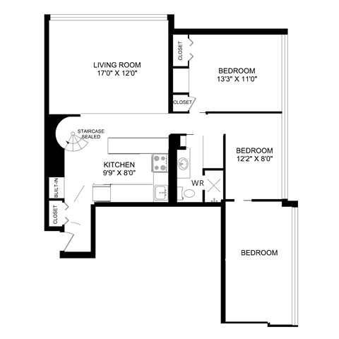 Floor plan for 2 beds, 1 bath, 1125 sqft