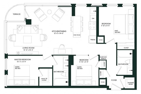 Floor plan for 3 beds, 2 baths, 1102 sqft