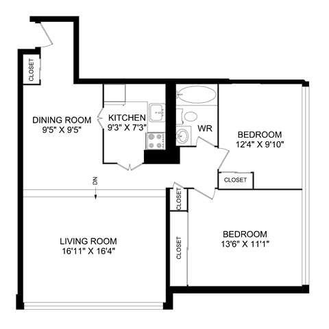 Floor plan for 2 beds, 1 bath