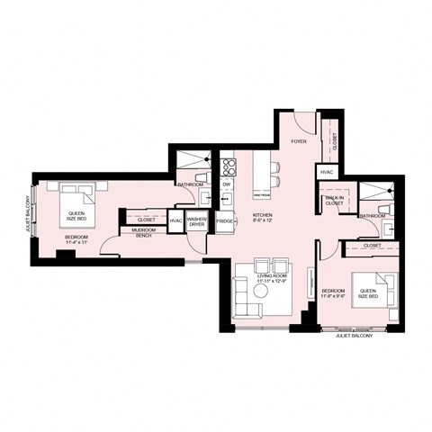 Floor plan for 2 beds, 2 baths, 1086 sqft