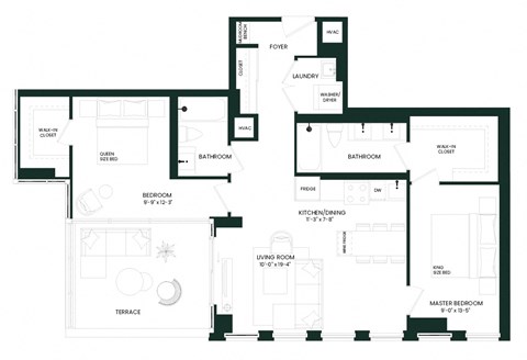 Floor plan for 2 beds, 2 baths, 1015 sqft