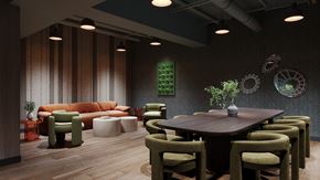 Montréal apartment for rent - A modern dining room with a wooden table and green chairs.