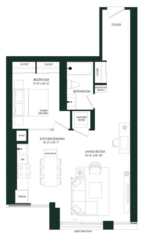 Floor plan for 1 bed, 1 bath, 812 sqft
