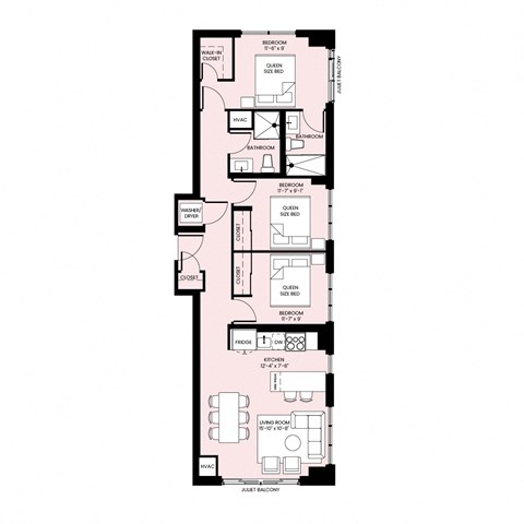 Floor plan for 3 beds, 2 baths, 1016 sqft
