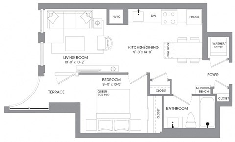 Floor plan for 1 bed, 1 bath, 503 sqft