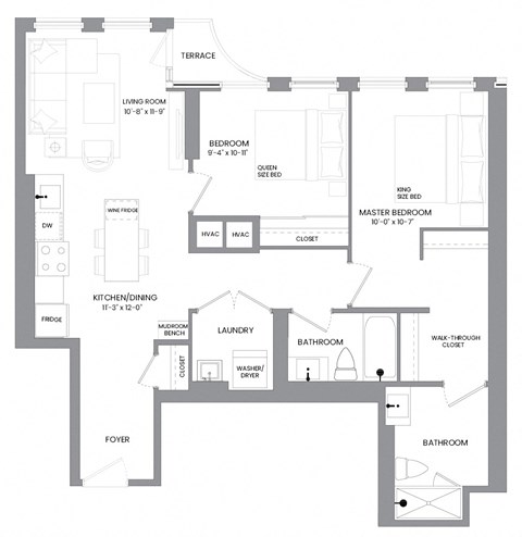 Floor plan for 2 beds, 2 baths, 974 sqft