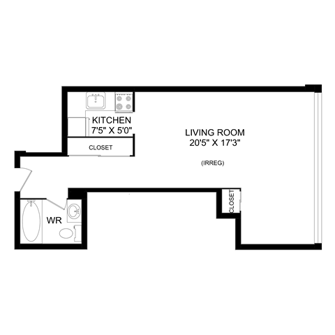 Floor plan for studio, 1 bath, 478 sqft